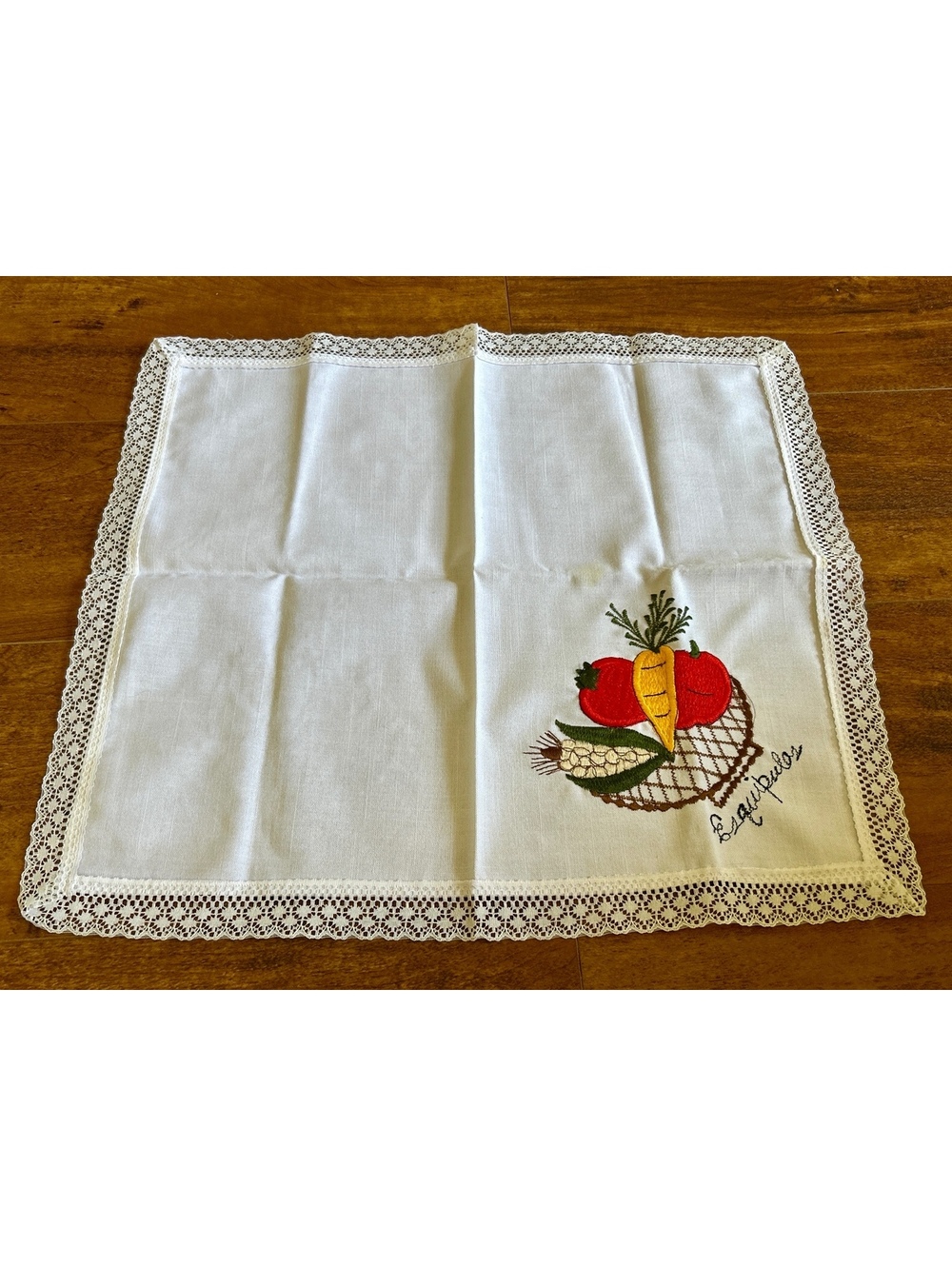 Vintage Esquipulas Embroidered Linen Tablecloth with Vegetable Basket Design